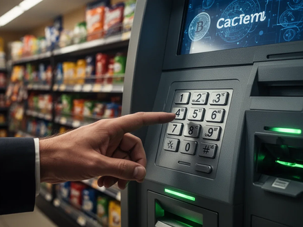 A close-up of a hand discreetly interacting with a cryptocurrency ATM keypad in a convenience store, suggesting a scam. - Foto: über boerse-global.de