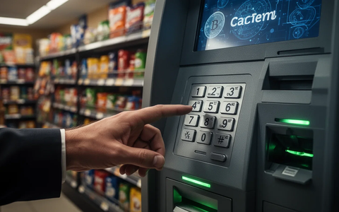 A close-up of a hand discreetly interacting with a cryptocurrency ATM keypad in a convenience store, suggesting a scam. - Foto: über boerse-global.de
