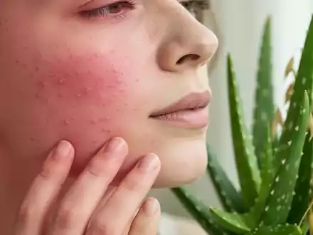 Nahaufnahme einer Wange mit leichter Rosacea, eine Hand berührt die Haut sanft. Im Hintergrund verschwommene Pflanzen wie Aloe Vera und Hafer. - Foto: über boerse-global.de
