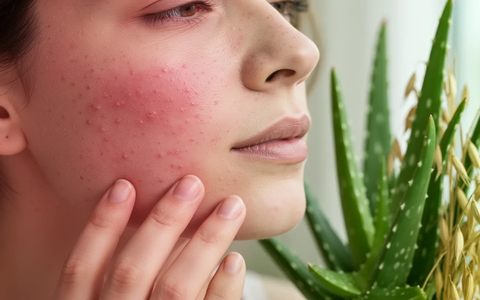 Nahaufnahme einer Wange mit leichter Rosacea, eine Hand berührt die Haut sanft. Im Hintergrund verschwommene Pflanzen wie Aloe Vera und Hafer. - Foto: über boerse-global.de