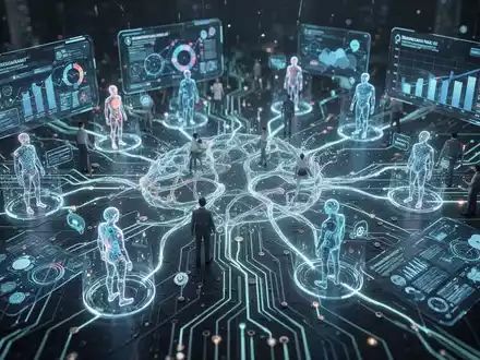 Digital avatars and human hands interacting with holographic interfaces, depicting AI-powered collaboration and workforce management in a futuristic office. - Foto: über boerse-global.de