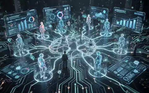 Digital avatars and human hands interacting with holographic interfaces, depicting AI-powered collaboration and workforce management in a futuristic office. - Foto: über boerse-global.de
