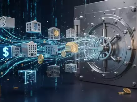 Abstrakte Darstellung von digitalen Daten, die in physische Investitionssymbole fließen, vor einem Hintergrund aus Finanzgebäuden. - Foto: über boerse-global.de