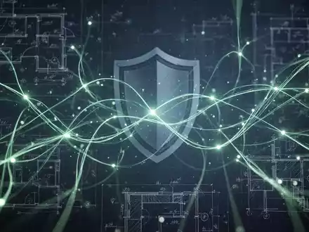 Abstract representation of digital collaboration and cybersecurity with glowing lines, architectural schematics, and a shield icon. - Foto: über boerse-global.de