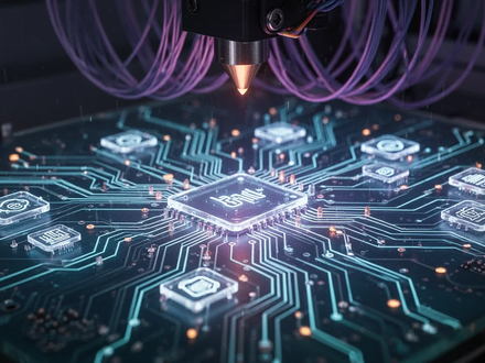 A stylized circuit board with glowing pathways, representing software packages and data flow, alongside abstract 3D printing elements. - Foto: über boerse-global.de