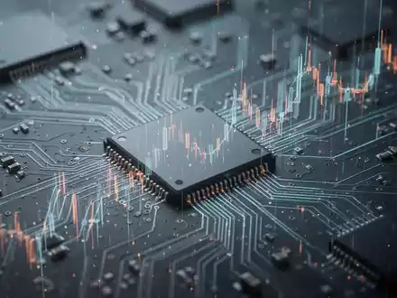 Abstrakte Darstellung von Mikrochips und Datenströmen, die finanzielle Marktbewegungen andeuten. - Foto: über boerse-global.de