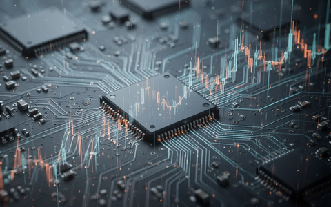 Abstrakte Darstellung von Mikrochips und Datenströmen, die finanzielle Marktbewegungen andeuten. - Foto: über boerse-global.de