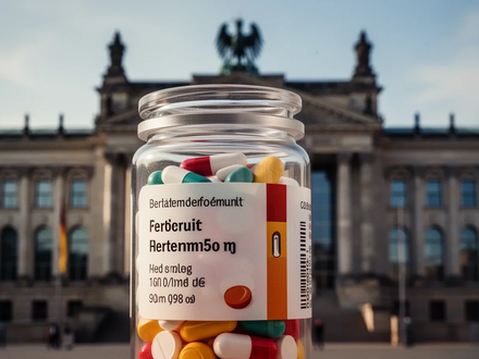 Eine Nahaufnahme einer Medikamentenflasche mit einem verschwommenen Regierungsgebäude im Hintergrund, das Spannungen symbolisiert. - Foto: über boerse-global.de