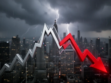 Ein fallender silberner Finanzchart mit einem roten Pfeil nach unten vor einem unscharfen, dunklen Stadtbild unter stürmischem Himmel. - Foto: über boerse-global.de
