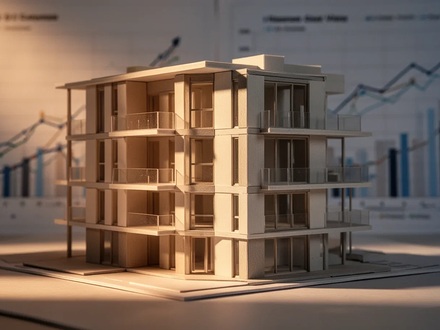 Ein detailliertes Architekturmodell eines modernen Wohngebäudes mit Finanzdiagrammen im Hintergrund, das Neubauinvestitionen symbolisiert. - Foto: über boerse-global.de