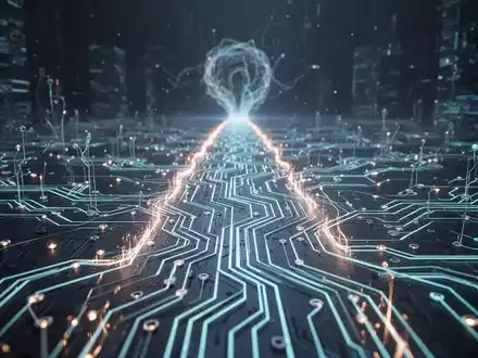 A glowing, abstract neural network or circuit board extending into the distance, symbolizing long-term AI goals and persistent task execution. - Foto: über boerse-global.de