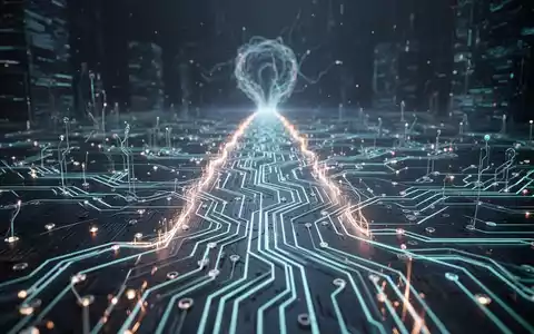 A glowing, abstract neural network or circuit board extending into the distance, symbolizing long-term AI goals and persistent task execution. - Foto: über boerse-global.de