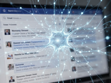 An AI neural network interface superimposed over an email inbox, illustrating the integration of AI with email communication. - Foto: über boerse-global.de