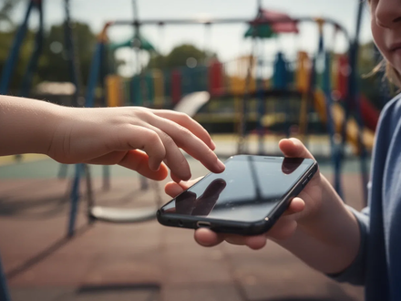 Eine Kinderhand greift nach einem Smartphone, im Hintergrund verschwommen ein Spielplatz. Symbolisiert die Risiken von Smartphones für Kinder. - Foto: über boerse-global.de