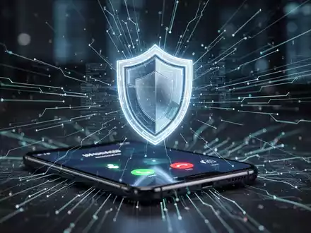 Ein stilisiertes, leuchtendes Schild-Symbol auf einem Smartphone-Bildschirm, das einen eingehenden Anruf anzeigt, um Betrug zu verhindern. - Foto: über boerse-global.de