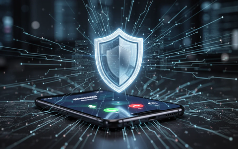 Ein stilisiertes, leuchtendes Schild-Symbol auf einem Smartphone-Bildschirm, das einen eingehenden Anruf anzeigt, um Betrug zu verhindern. - Foto: über boerse-global.de
