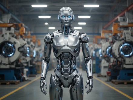 A sleek, metallic humanoid robot stands in a modern factory setting, symbolizing advanced manufacturing and automation. - Foto: über boerse-global.de