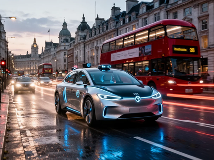 A futuristic robotaxi drives through a busy, wet London street at dusk, with a red double-decker bus in the background. - Foto: über boerse-global.de