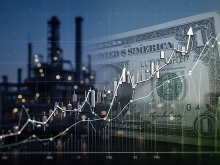 Finanzgraph mit steigendem Trend und schemenhafter Darstellung einer Aktie vor verschwommener Industrieanlage. - Foto: über boerse-global.de