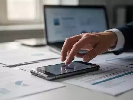 Eine Hand greift nach einem Smartphone auf einem Schreibtisch, umgeben von verschwommenen Dokumenten und einem Laptop. Fokus auf Ablenkung. - Foto: über boerse-global.de