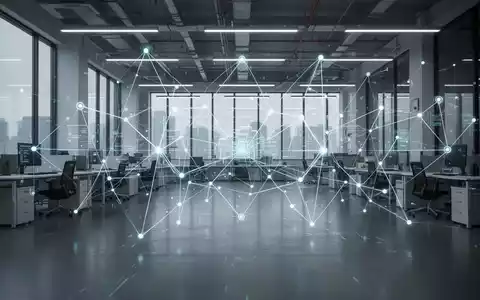 Ein stilisiertes digitales Netzwerk mit leuchtenden Linien und Knoten über einem modernen Büro oder einer Fabrikhalle. - Foto: über boerse-global.de