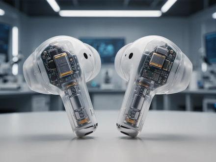 A close-up of wireless earbuds with a translucent casing, revealing the internal battery and electronic components. - Foto: über boerse-global.de