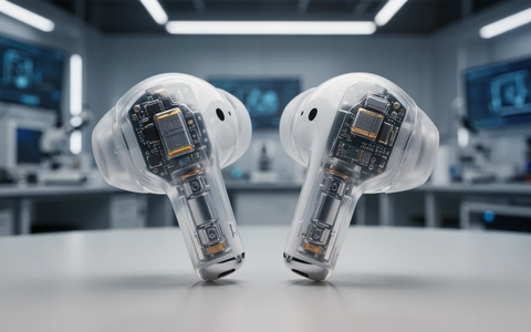 A close-up of wireless earbuds with a translucent casing, revealing the internal battery and electronic components. - Foto: über boerse-global.de