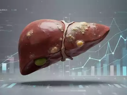 Eine stilisierte, abstrakte Darstellung einer Leber mit Andeutungen von Fettleber, daneben Symbole für finanzielles Risiko oder Gesundheitsdaten. - Foto: über boerse-global.de