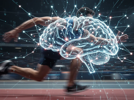 Eine verschwommene Athletenfigur in Bewegung mit leuchtenden neuronalen Verbindungen, die Gehirn-Körper-Zusammenspiel symbolisieren. - Foto: über boerse-global.de