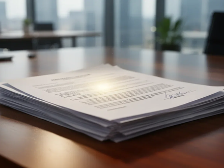 Ein Stapel von Rechtsdokumenten auf einem Schreibtisch in einem modernen Büro, symbolisiert die Umsetzung von Vorschriften. - Foto: über boerse-global.de