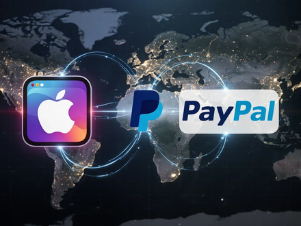Digital illustration showing an Apple Wallet icon and a PayPal logo connected by glowing lines, symbolizing integration and global reach. - Foto: über boerse-global.de