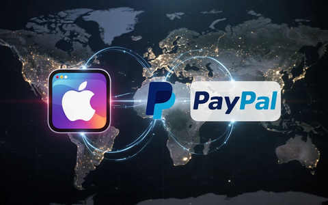 Digital illustration showing an Apple Wallet icon and a PayPal logo connected by glowing lines, symbolizing integration and global reach. - Foto: über boerse-global.de