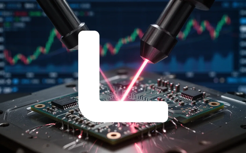 Nahaufnahme eines Laserstrahls, der eine Leiterplatte schneidet, mit verschwommenem Finanzdiagramm im Hintergrund. - Foto: über boerse-global.de