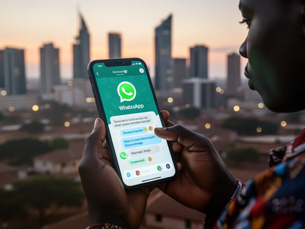 A person in Kenya using a smartphone to access health information via a WhatsApp chatbot, with a city in the background. - Foto: über boerse-global.de