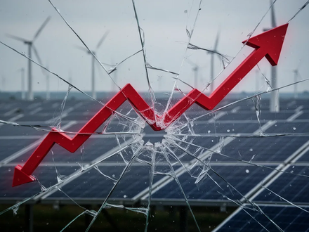 Ein zersplitterter Bildschirm mit einem roten, nach unten zeigenden Pfeil vor verschwommenen Solarpanels und Windturbinen, der einen Rückgang des Clean Energy ETF symbolisiert. - Foto: über boerse-global.de