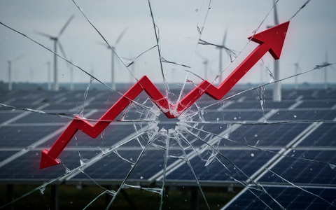 Ein zersplitterter Bildschirm mit einem roten, nach unten zeigenden Pfeil vor verschwommenen Solarpanels und Windturbinen, der einen Rückgang des Clean Energy ETF symbolisiert. - Foto: über boerse-global.de