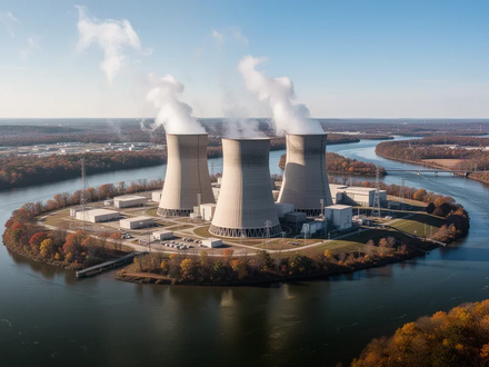 Luftaufnahme des Kernkraftwerks Three Mile Island mit Kühltürmen, die Dampf abgeben, auf einer Insel in einem Fluss. - Foto: über boerse-global.de