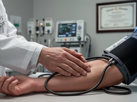 Nahaufnahme einer Hand eines Arztes, der den Arm eines Patienten hält, mit einer Blutdruckmanschette und medizinischer Ausrüstung im Hintergrund. - Foto: über boerse-global.de