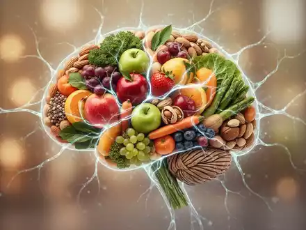 Ein stilisiertes Gehirn, das aus gesunden Lebensmitteln wie Obst und Gemüse besteht, mit leuchtenden neuronalen Pfaden. - Foto: über boerse-global.de