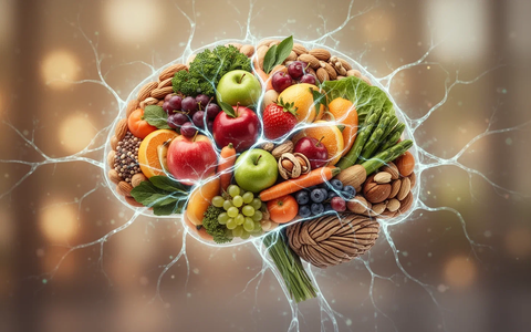 Ein stilisiertes Gehirn, das aus gesunden Lebensmitteln wie Obst und Gemüse besteht, mit leuchtenden neuronalen Pfaden. - Foto: über boerse-global.de