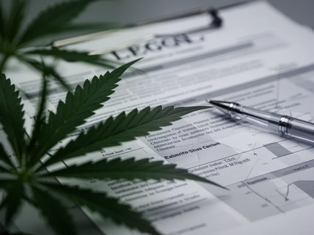 Ein verschwommenes Cannabisblatt im Vordergrund mit scharfem Fokus auf Gesetzestexte und einen Stift im Hintergrund. - Foto: über boerse-global.de