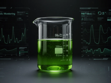 Ein klares Glasbecher mit einer leuchtend grünen Flüssigkeit und subtilen digitalen Schnittstellenelementen im Hintergrund. - Foto: über boerse-global.de