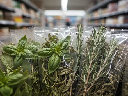 Nahaufnahme von getrockneten Basilikumblättern und Rosmarinzweigen in unscharfer Verpackung, mit Andeutung eines Supermarktganges im Hintergrund. - Foto: über boerse-global.de