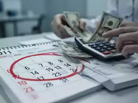 Ein Kalenderblatt mit einem rot eingekreisten Datum, überlagert von Händen, die Geld zählen oder einen Taschenrechner bedienen. - Foto: über boerse-global.de