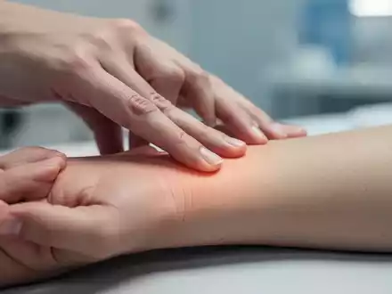 Nahaufnahme einer Hand, die sanft auf den Neiguan-Akupressurpunkt am Handgelenk drückt, mit verschwommenem Hintergrund. - Foto: über boerse-global.de