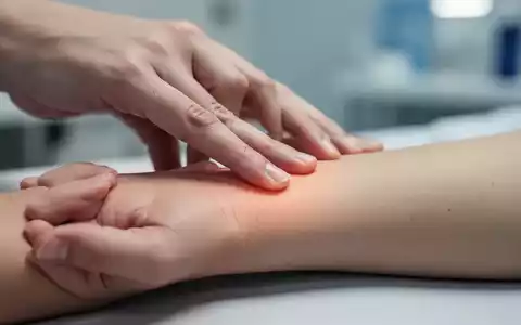 Nahaufnahme einer Hand, die sanft auf den Neiguan-Akupressurpunkt am Handgelenk drückt, mit verschwommenem Hintergrund. - Foto: über boerse-global.de