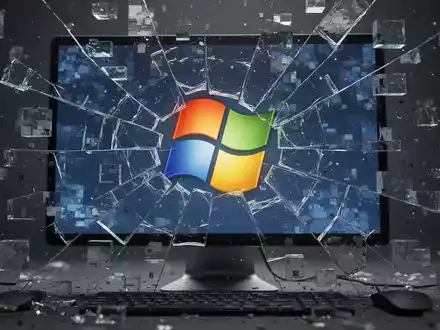 A stylized image of a fragmented computer screen with a broken Windows logo, symbolizing software issues and data loss. - Foto: über boerse-global.de