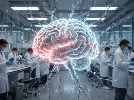 Ein futuristisches, leuchtendes Gehirn-Hologramm, umgeben von neuronalen Pfaden, über einem modernen Forschungslabor. - Foto: über boerse-global.de