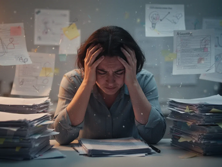 Eine erschöpfte Person hält den Kopf in den Händen, umgeben von verschwommenen, abstrakten Darstellungen von Aufgaben und Verantwortlichkeiten. - Foto: über boerse-global.de