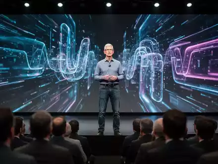 Tim Cook hält eine Keynote-Rede auf einer Bühne mit einem großen Bildschirm im Hintergrund und einem Publikum im Vordergrund. - Foto: über boerse-global.de